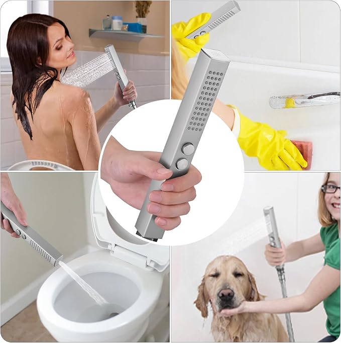All-Metal High Pressure Square Handheld Shower Head with Jet Spray and Rainfall Modes, Volume Control Regulator, ON/OFF Switch, Hose and Wall Mounted Adjustable Bracket (Brushed Nickel)