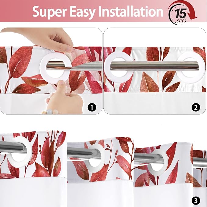 No Hook Shower Curtain and Liner Set, Red Eucalyptus 71x84 | Floral Design, with Snap in Liner, See-Through Top Window, Waterproof, Machine Washable, Quick-Drying, for Hotel Bathroom