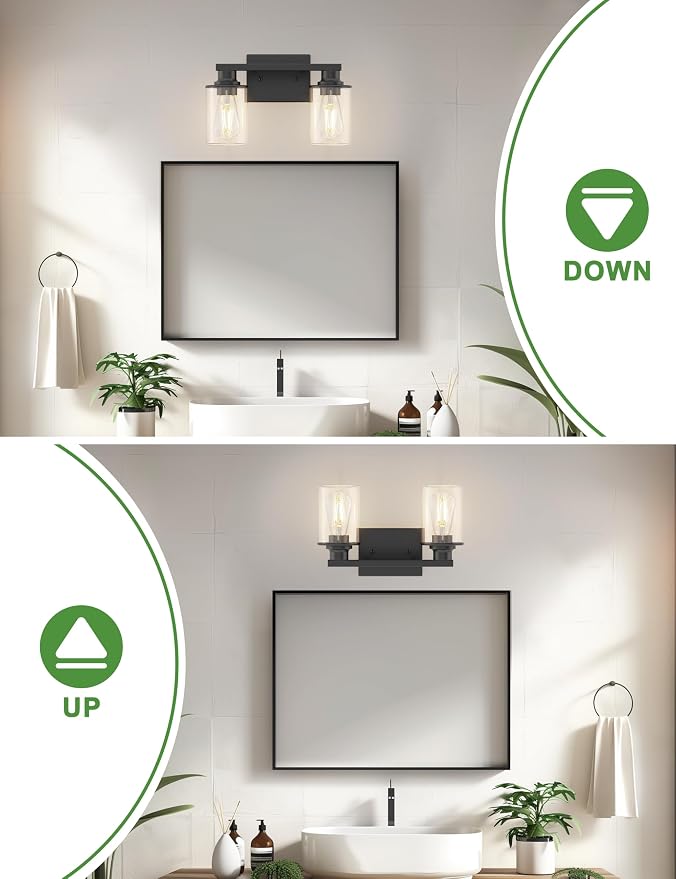 L LOHAS LED 2-Light Bathroom Vanity Light, Black | Clear Glass Shades; Modern Lighting Fixture for Bathrooms and Bedrooms; ETL Listed