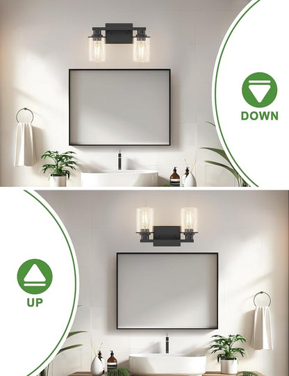 L LOHAS LED 2-Light Bathroom Vanity Light, Black | Clear Glass Shades; Modern Lighting Fixture for Bathrooms and Bedrooms; ETL Listed