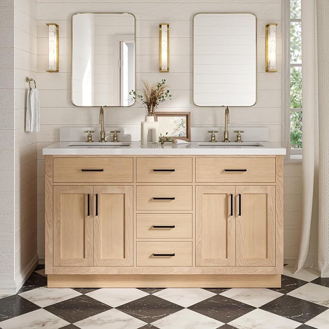 ARIEL Hepburn 60-inch Bathroom Vanity with Sink,Solid Wood, 1.5-inch Pure White Quartz Countertop, Double Rectangular Porcelain Sink, 4 Soft Closing Doors, 6 Dovetail Drawers, White Oak