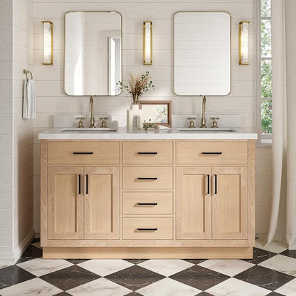 ARIEL Hepburn 60-inch Bathroom Vanity with Sink,Solid Wood, 1.5-inch Pure White Quartz Countertop, Double Rectangular Porcelain Sink, 4 Soft Closing Doors, 6 Dovetail Drawers, White Oak