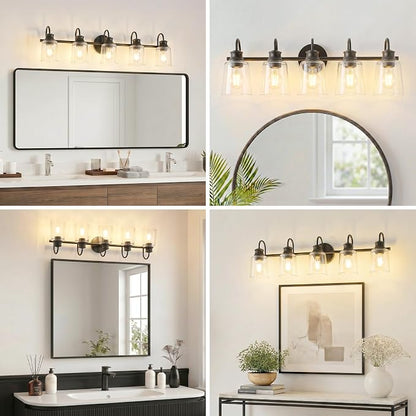 5 Lights Bathroom Light Fixtures Modern Black Vanity Lights | ETL Certificate, Easy to Install,Wall Mount Up or Down,Thickened Glass Lampshade,E26 Socket,Hardwired