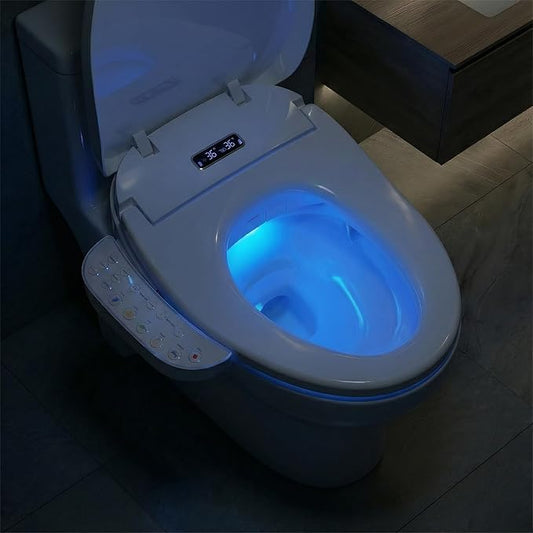 Smart Heated Toilet Seat for Elongated V-Shaped Toilets – Bidet Warm Water Wash, Self-Cleaning Nozzle, Warm Air Dryer, Deodorizer, Soft-Close Lid, LED Night Light & Touch Panel, Easy Install