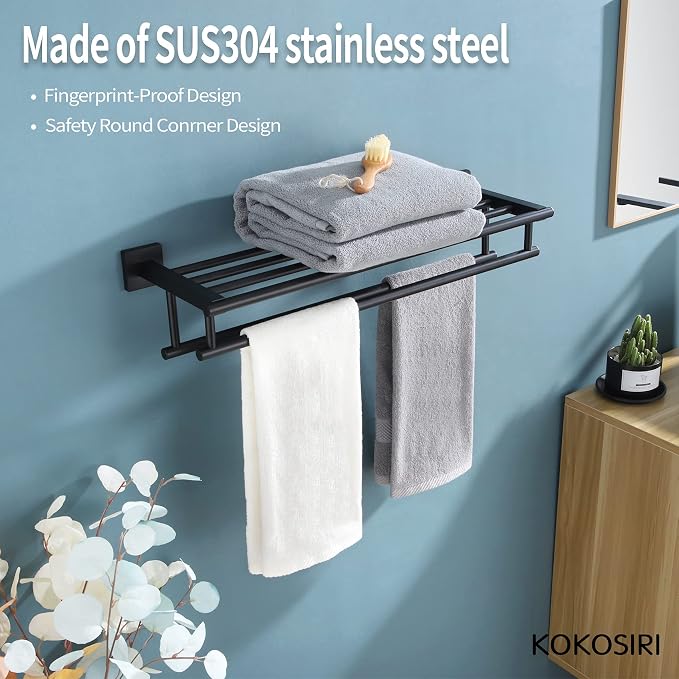KOKOSIRI Bath Towel Rack with Double Towel Bars Bathroom Towel Shelf 20 Inch Towel Holder Wall Mounted Stainless Steel, Matte Black, B6005BK-L20