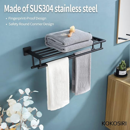 KOKOSIRI Bath Towel Rack with Double Towel Bars Bathroom Towel Shelf 24 Inch Towel Holder Wall Mounted Stainless Steel, Matte Black, B6005BK-L24