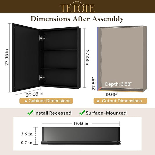 TETOTE 20 x 28 Bathroom Mirror with Storage with Tempered Beveled Mirror Black Medicine Cabinet Aluminum Cabinet DTC Hinges, Stepless Adjustable Shelves, Recessed/Surface-Mounted