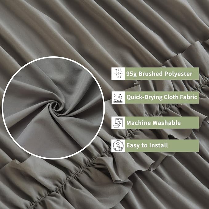 Farmhouse Ruffle Shower Curtain, Gray, 72 x 72 in | Decorative Elegant Bathroom Curtain with 12 Holes, Soft Ruched Microfiber Fabric, Vintage Handmade Design