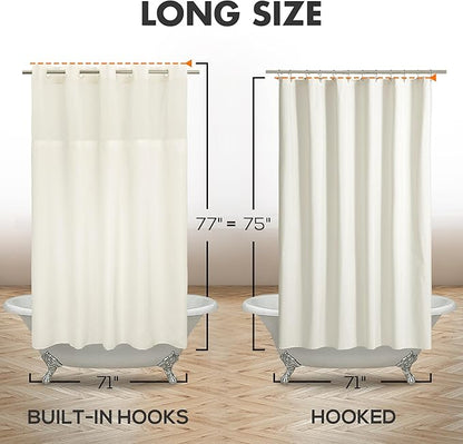 River Dream Long No Hook Slub Textured Shower Curtain with Snap-in PEVA Liner Set - 71" x 77"(75"), Hotel Style with See Through Top Window, Cream Fabric Curtain & Waterproof Liner, Sand, 71x77