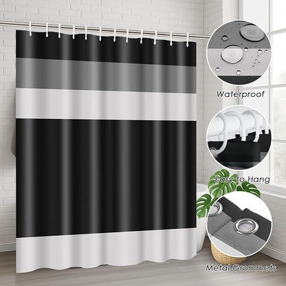 Geometric Bathroom Sets with Shower Curtain and Rugs, 4 Pcs, | Striped Minimalist Modern Black Bathroom Decor Set with Toilet Lid Cover, Non-Slip Bath Mats and Accessories 12 Hooks