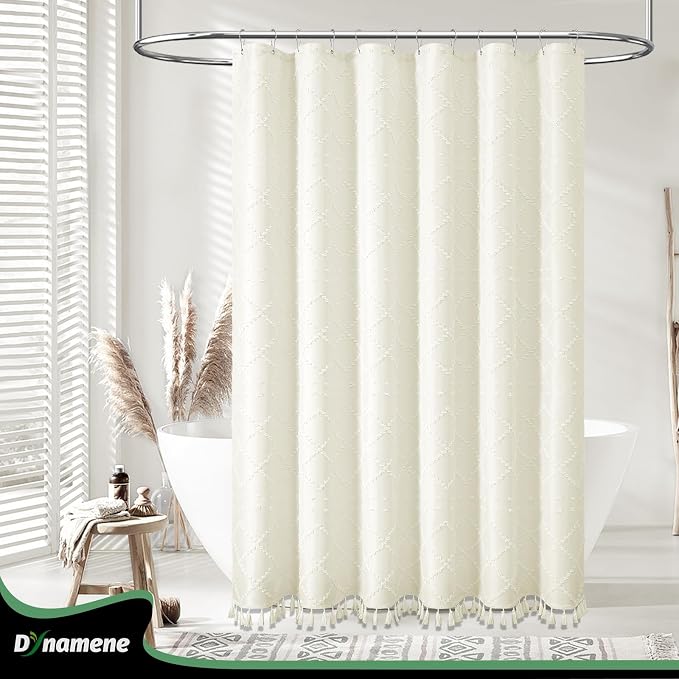 Stall Boho Farmhouse Shower Curtain Tufted Geometric 54"x78" Cream | 54 x 78 inch Long, Elegant Tassel, Lightweight Textured Fabric, Water Repellent, Washable, for Narrow Bathroom/Dorm 10 Hooks