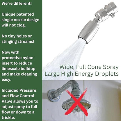 High Sierra® - CLASSIC™ Solid Lead-Free Metal 2.0 GPM Award Winning. High Pressure Shower Head with Trickle Valve. Patented Nozzle Never Clogs - Polished Chrome Finish