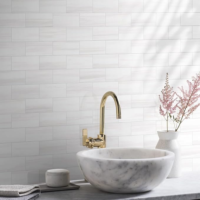 Vamos Tile 4-Piece Glossy Dolomite White Peel and Stick Backsplash Tile | 3''x6'' PVC Subway Tile with White Grout, Stick on Backsplash for Kitchen/Bathroom/Fireplace/Laundry/Camper