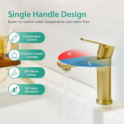 Faustina Light Gold Single Handle Bathroom Faucet, 304 Stainless Steel Vanity Faucet with Pop-Up Drain and Deck Plate for 1 or 3 Hole Sinks
