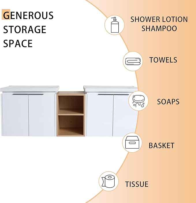60" Bathroom Vanity with Sink, 60 Inch Floating Bathroom Vanity, Double Sink Bathroom Vanity Combo, White Wall Mounted Cabinet Set