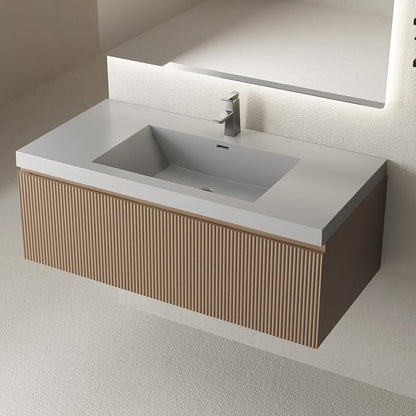 36 Inch Floating Bathroom Vanity with Sink, Wall-Mounted Striped Storage Cabinet with Soft-Close Drawer, Glossy White Solid Surface Basin, Fully Assembled, Natural Oak Finish