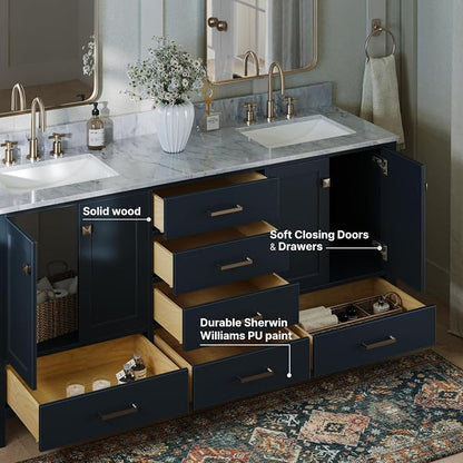 ARIEL Cambridge 72-inch Bathroom Vanity with Sink,Solid Wood, 0.75-inch Italian Carrara Marble Countertop, Double Rectangular Porcelain Sink, 4 Soft Closing Doors, 6 Dovetail Drawers, Midnight Blue