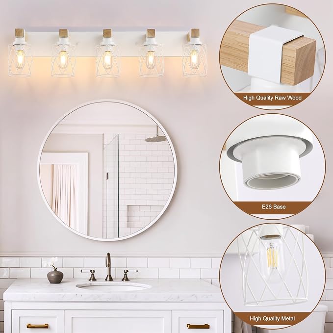 Farmhouse 5-Light Wood Bathroom Vanity Light, White Metal Cage Shade | Mounted Over Mirror, Industrial Rustic Style, Ideal for Bathroom, Bedroom, Hallway & Living Room, Easy To Install