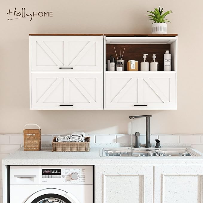 HollyHOME Bathroom Wall Cabinet, Farmhouse Barn Door Wood Medicine Cabinet with Adjustable Shelves, Wall-Mounted Over-The-Toilet Storage,White