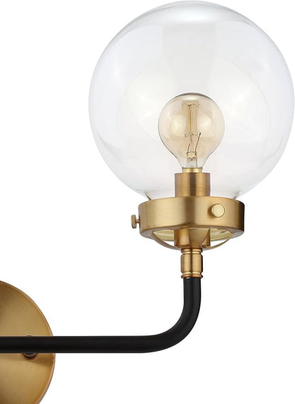 JONATHAN Y 18" Black/Brass Gold 2-Light LED Wall Sconce Vanity Lighting, Clear Glass Globe Shade Modern Contemporary Sconce for Bathroom Mirror, Hallway, UL Listed (JYL9010A)