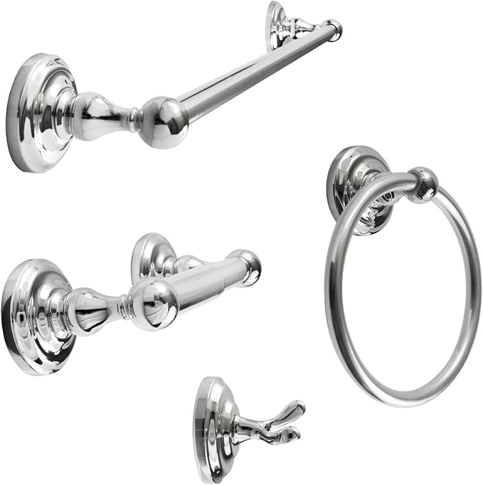 SENTO ROBIKI Modern Silver Bathroom Hardware Accessories Set, Includes Robe Hook, Toilet Paper Holder, Towel Ring, 24" Towel Bar, Duty Metal Bath Hardware Set Wall Mounted(4-Piece, Polished Chrome)