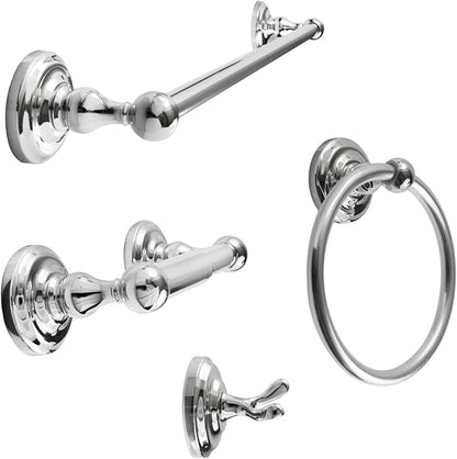 SENTO ROBIKI Modern Silver Bathroom Hardware Accessories Set, Includes Robe Hook, Toilet Paper Holder, Towel Ring, 24" Towel Bar, Duty Metal Bath Hardware Set Wall Mounted(4-Piece, Polished Chrome)