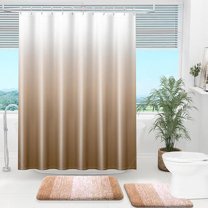 OLANLY Luxury Beige and White Ombre Shower Curtain Sets with 12 Hooks, Waterproof and Washable Decorative Shower Curtains for Bathroom, 72x72 Inches