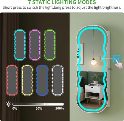HNEBC LED Mirror Jewelry Cabinet with RGB Lights,42.5" Wall Mounted Jewelry Organizer with Full-Length Mirror,Over The Door Hanging Jewelry Armoire Storage Cabinet,Lockable,Wide Wavy Mirror