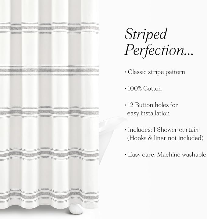 Lush Decor Farmhouse Stripe Cotton Shower Curtain, 72" W x 72" L, Gray - Striped Bathroom Curtain - Fabric Shower Curtains - Farmhouse Bathroom Decor