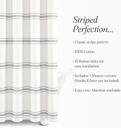 Lush Decor Farmhouse Stripe Cotton Shower Curtain, 72" W x 72" L, Gray - Striped Bathroom Curtain - Fabric Shower Curtains - Farmhouse Bathroom Decor