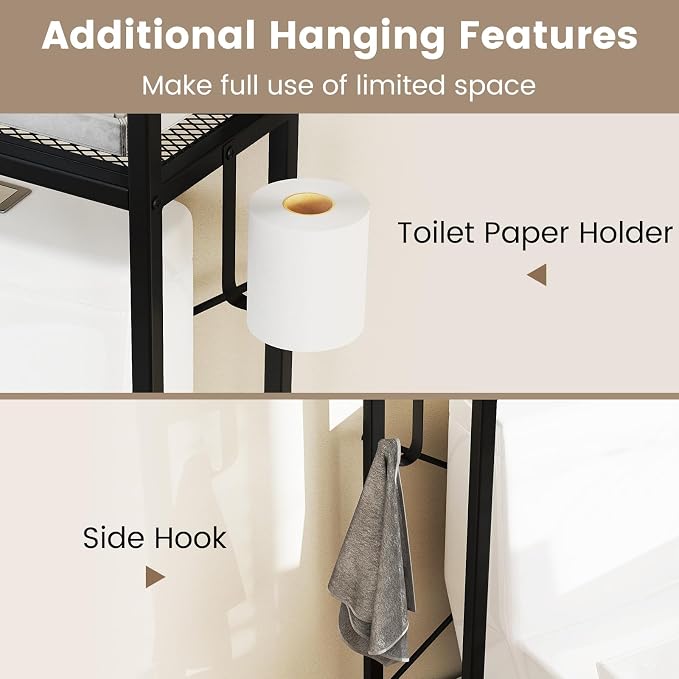 BECOMFORT 5-Tier Over the Toilet Storage Cabinet, Above Toilet Bathroom Shelf with Metal Stand, Mesh Grid Doors, Toilet Paper Holder & Hook, Freestanding Space Saver (Black)