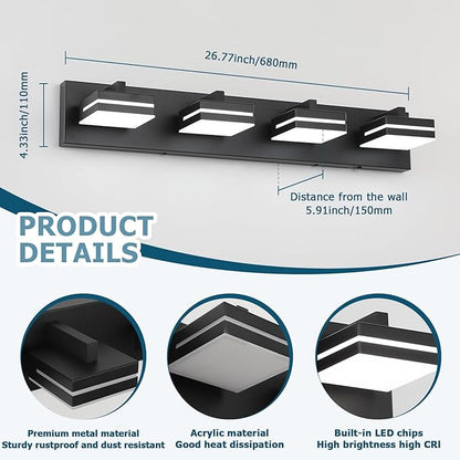 Joossnwell Bathroom Light Fixtures Over Mirror Black Vanity Lights (4-Light, 26.77-Inch) Dimmable 5CCT Modern Bathroom Vanity Lighting Led Bath Light Wall Scones
