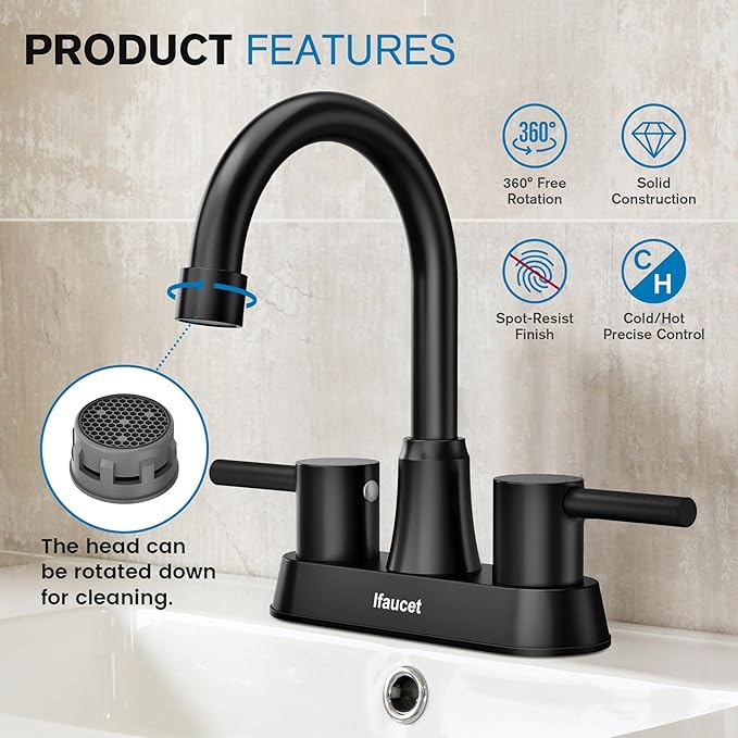 Black Bathroom Faucet 3 Hole, Bathroom Faucets for Sink 3 Hole, Bathroom Sink Faucet, 4 Inch 2 Handle Centerset, Lead-Free, with Copper Pop Up Drain (Matte Black)