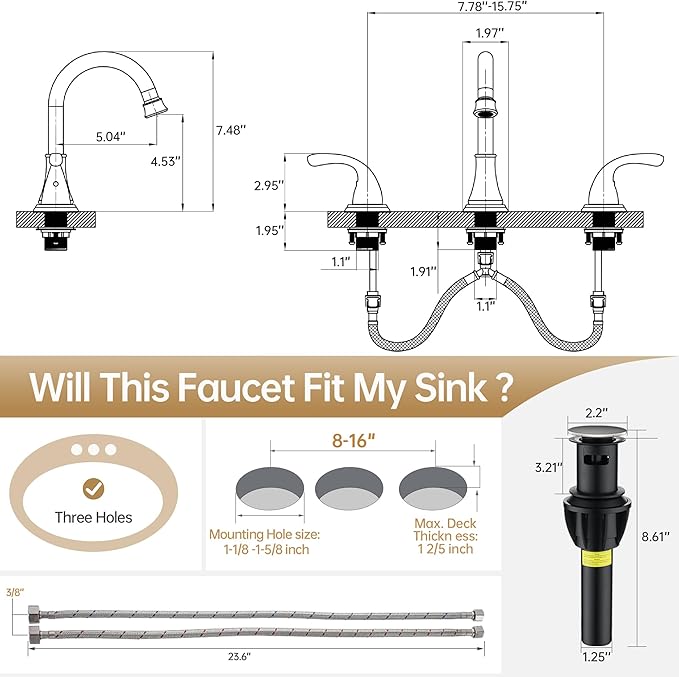 Bathroom Faucet 3 Holes, 8 Inch Widespread Faucet 2 Handle Bathroom Sink Faucets Lead-Free Brushed Nickel Bath Sink Faucets with Pop-up Drain Stopper and Supply Hoses