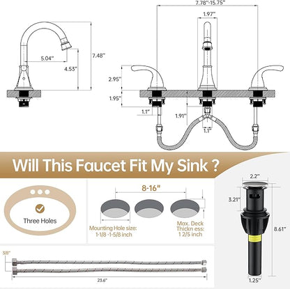 Bathroom Faucet 3 Holes, 8 Inch Widespread Faucet 2 Handle Bathroom Sink Faucets Lead-Free Brushed Nickel Bath Sink Faucets with Pop-up Drain Stopper and Supply Hoses