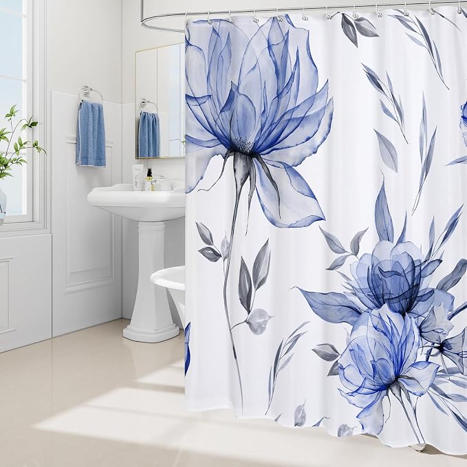 Dark Blue Boho Floral Shower Curtain, Watercolor Botanical Design, 72 x 78 | Boho Floral Design, Watercolor Ink Painting Style, Botanical Flowers & Leaves, Elegant Bathroom Accent, Fabric Cloth Curtain