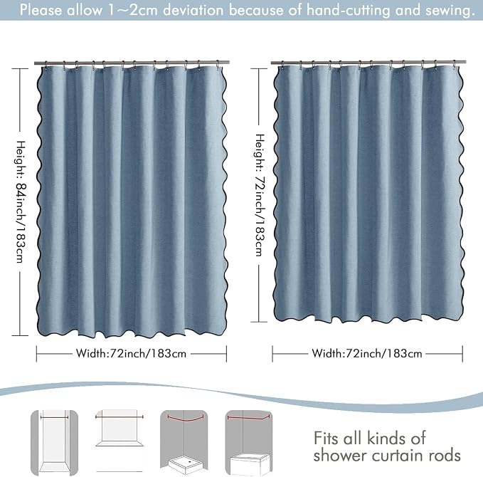 MIULEE Moonlight Blue Scalloped Linen Shower Curtain 72x72 Inches | Linen Textured, Waterproof, Washable, 12 Metal Hooks, Heavy Duty Cloth, Black Border, Shower Curtain for Bathroom Bathtub