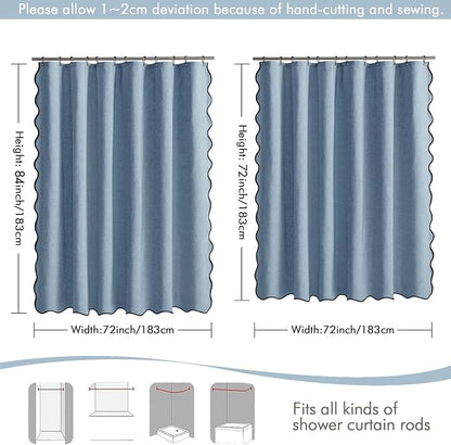 MIULEE Moonlight Blue Scalloped Linen Shower Curtain 72x72 Inches | Linen Textured, Waterproof, Washable, 12 Metal Hooks, Heavy Duty Cloth, Black Border, Shower Curtain for Bathroom Bathtub