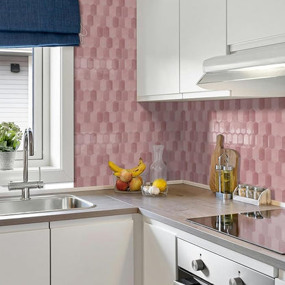 10-Sheet Long Hexagon Peel and Stick Kitchen Backsplash Tiles | 3D Waterproof Self-Adhesive Wall Tile Stick on Backsplash for Kitchen, Bathroom, Fireplace,RV(Pink,12"×12")