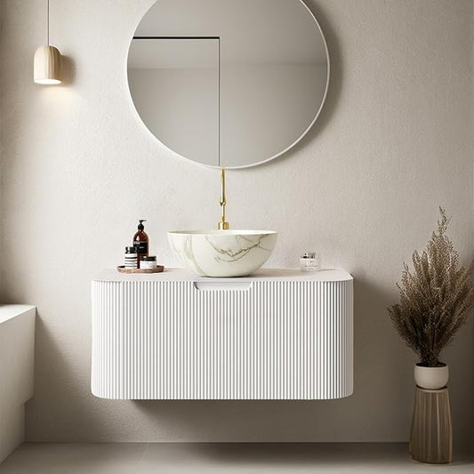 30" Floating Bathroom Vanity with Sink, Modern Bathroom Cabinet with Bowl Shape Ceramic Basin and Marble Top, Extra Large Storage Drawer, Soft-Close Design, Pre-Assembled Cabinet, White