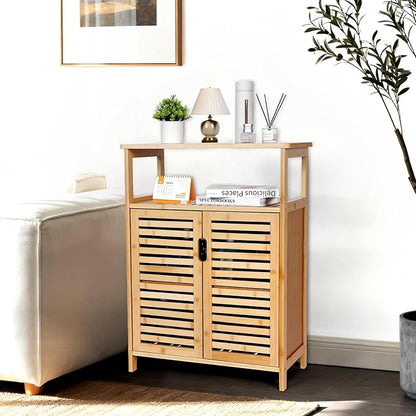 Bamboo Storage Cabinet with Doors, Floor Freestanding Cabinet with Shelves for Bathroom, Kitchen, Living Room