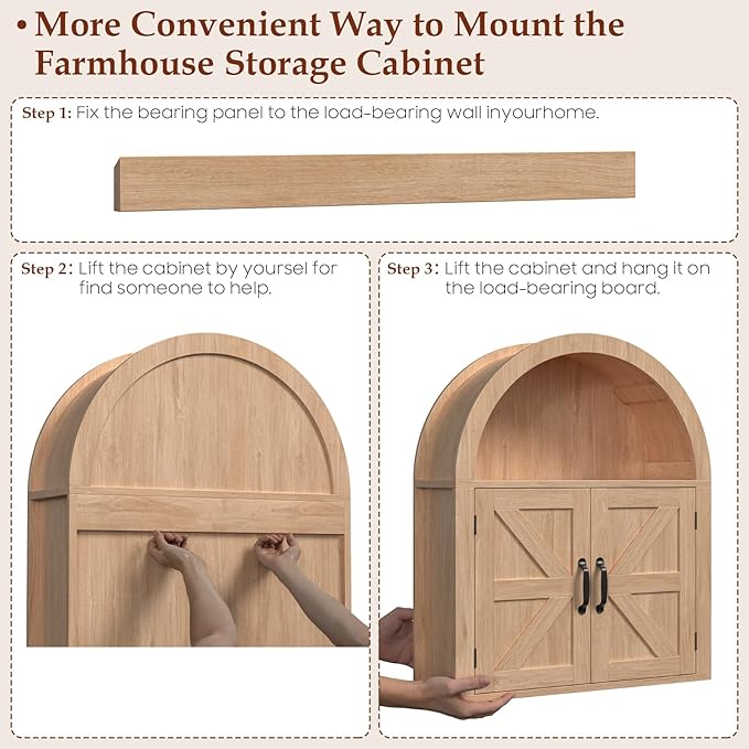 Arched Bathroom Wall Cabinet, Farmhouse Medicine Cabinet with Barn Door and with Adjustable Shelf, 23.6 x 28.7'' Wooden Storage Cabinet Wall Mounted for Bathroom Laundry Room Kitchen, Natural
