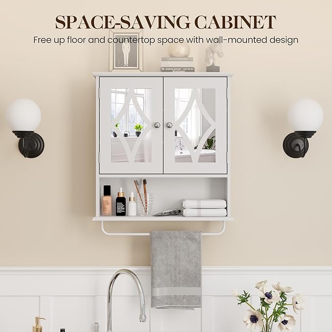Bathroom Medicine Cabinet with Mirror, Vanity Wall Mounted Storage Cabinet with Adjustable Shelves and Towel Bar, Hanging Wall Cabinet for Bathroom, Laundry, Living Room, White