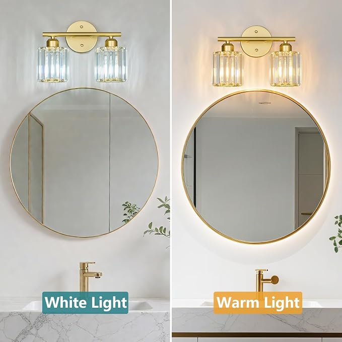 Modern 2 Light Crystal Vanity Light, Gold Vertical Bathroom Light Fixture Over Mirror for Dressing Table Sink, Compatible with Dimmable Bulbs (Bulbs Not Included)