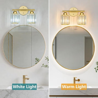 Modern 2 Light Crystal Vanity Light, Gold Vertical Bathroom Light Fixture Over Mirror for Dressing Table Sink, Compatible with Dimmable Bulbs (Bulbs Not Included)