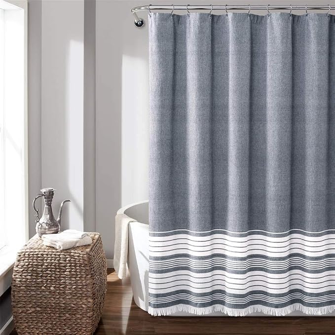 Lush Decor Nantucket Yarn Dyed Cotton Blend Tassel Fringe Shower Curtain Single 72" W x 72" L Navy - Blue Shower Curtains for Bathroom Curtain