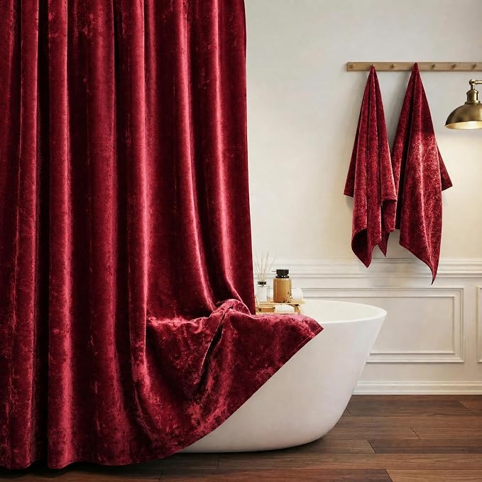 TAMGHO Crushed Velvet Shower Curtain, Marron Red, 72 x 72 | Luxury Crushed Velvet, Gold Decor Metal Hooks, Machine Washable, Thick Fabric