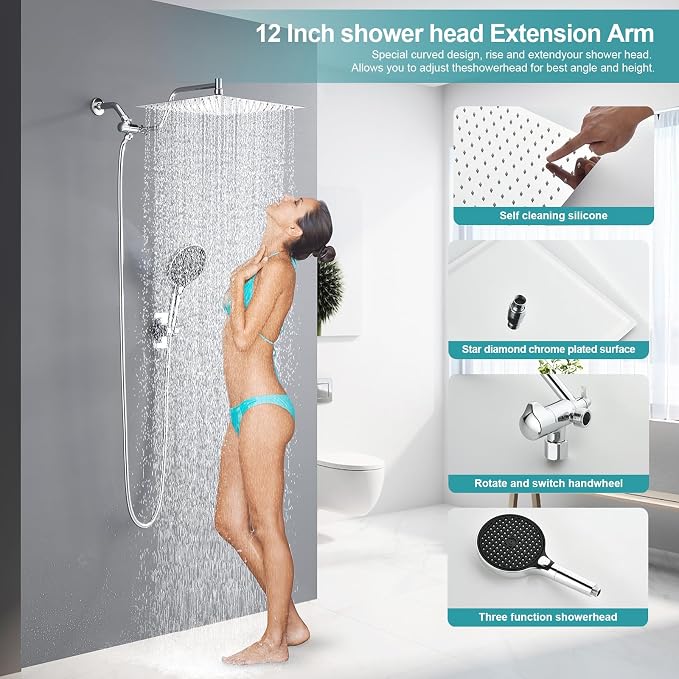 Rainfall Shower Head,12 Inch Rain High Pressure Shower Head with Spray Combo,14 Inch Adjustable Extension Arm and 3 Spray Filtered Shower Head with Filters,79 Inch Long Shower Hose, Silver Chrome