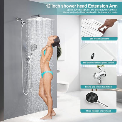 Rainfall Shower Head,12 Inch Rain High Pressure Shower Head with Spray Combo,14 Inch Adjustable Extension Arm and 3 Spray Filtered Shower Head with Filters,79 Inch Long Shower Hose, Silver Chrome