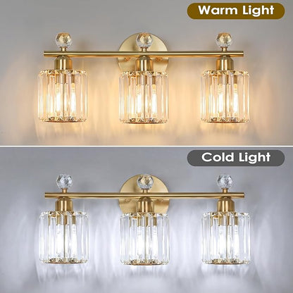 3-Light Gold Bathroom Light Fixtures Modern K9 Crystal Vanity Lights Wall Sconce with Stainless Steel Base, Elegant Bathroom & Bedroom Lighting, Secure Packaging
